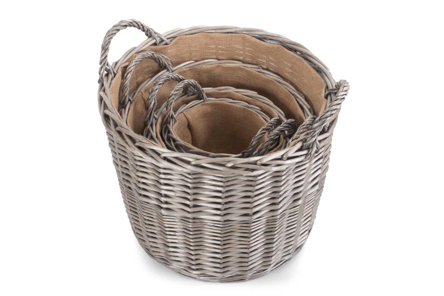 Quality Round Wicker Log Basket - Antique Wash Willow with Hessian Lining