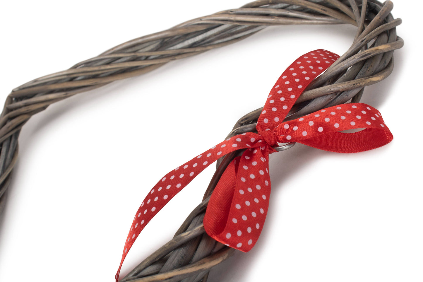 27cm Slim Willow Heart Wreath with red spotty ribbon, Shabby Rustic Wall Hanging Home decoration. Valentines Heart Gift