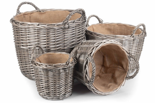 Quality Round Wicker Log Basket - Antique Wash Willow with Hessian Lining