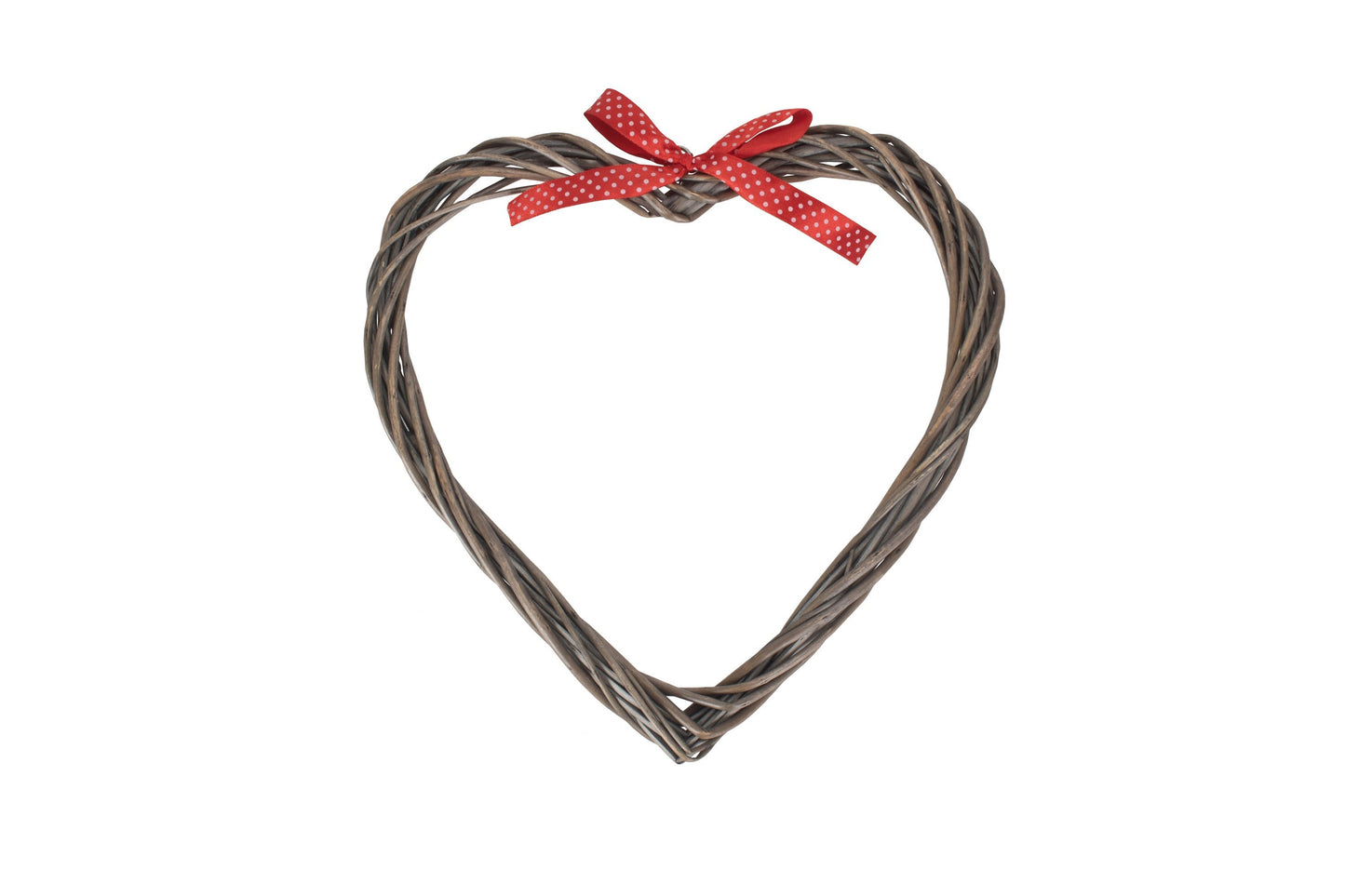 27cm Slim Willow Heart Wreath with red spotty ribbon, Shabby Rustic Wall Hanging Home decoration. Valentines Heart Gift