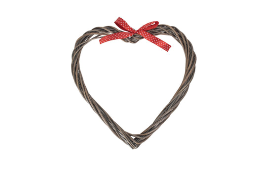 27cm Slim Willow Heart Wreath with red spotty ribbon, Shabby Rustic Wall Hanging Home decoration. Valentines Heart Gift